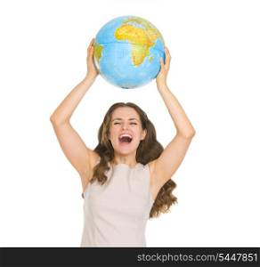Happy young woman rising up globe