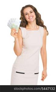 Happy young woman showing euros