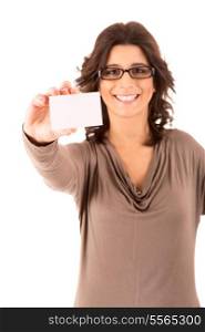 Happy young woman showing greeting card, isolated over white