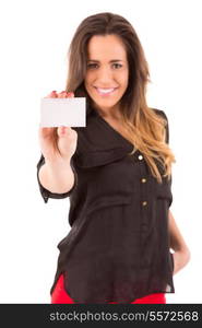 Happy young woman showing greeting card, isolated over white