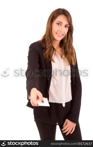 Happy young woman showing greeting card, isolated over white