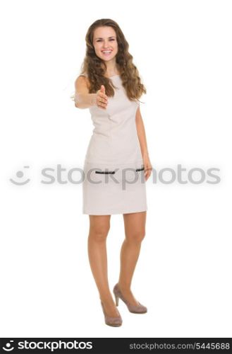 Happy young woman stretching hand for handshake