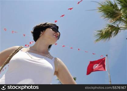 happy young woman tourist tunis travel on road trip