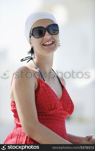 happy young woman tourist tunis travel on road trip