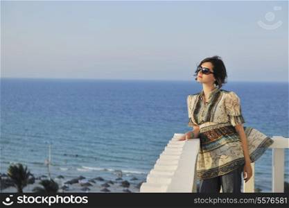 happy young woman tourist tunis travel on road trip