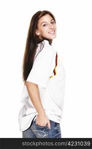 happy young woman wearing football shirt turning around. happy young woman wearing football shirt turning around on white background