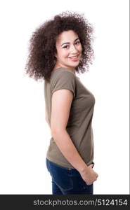 Happy young woman - who weares braces - posing isolated over white