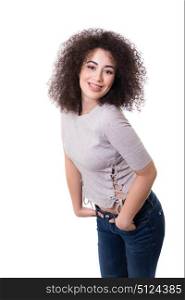 Happy young woman - who weares braces - posing isolated over white