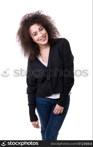 Happy young woman - who weares braces - posing isolated over white