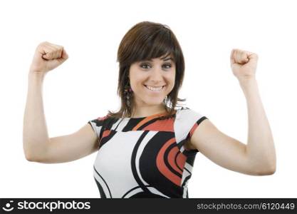 happy young woman winning, isolated on white