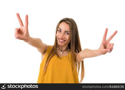 happy young woman winning, isolated on white. woman winning