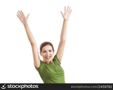 Happy young woman with arms up, isolated against a white background