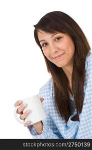 Happy young woman with coffee in pajamas on white background