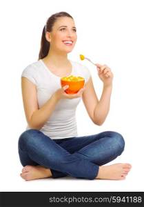 Happy young woman with fruit salad isolated