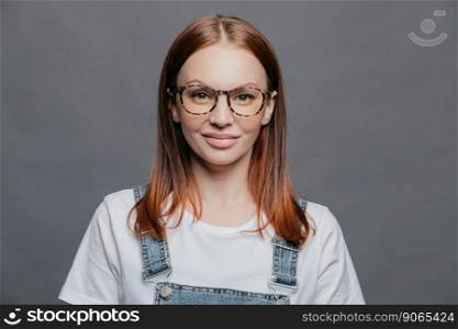 Happy young woman with glad facial expression, has healthy skin, wears optical glasses, white t shirt and denim sarafan, models over grey background, going to meet with friends, poses indoor