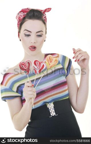 happy young woman with lollipo candy isolated on white