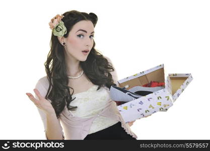 happy young woman with new shoes isolated on white