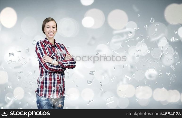 Happy young woman. Young pretty woman in casual against bokeh background