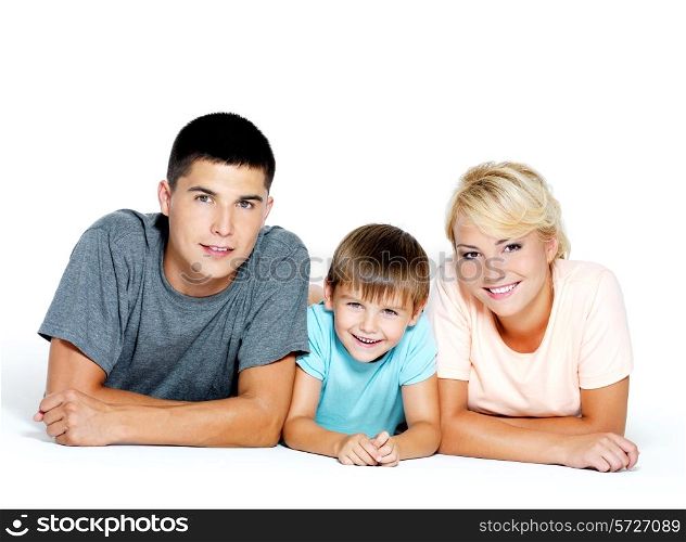 Happy youngl smiling family with little boy - isolated