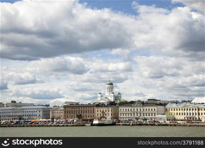 harbor front with market and helsinki cathedral seen from the water