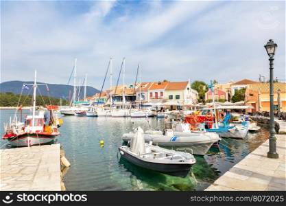 Harbour in Fiskardo Kefalonia Greece with sailing boats