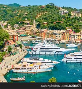 Harbour with yachts and boats in Portofino, Italian riviera, Italy. Landscape