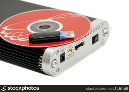 hard disk, flash memory and computer disk isolated on a white background