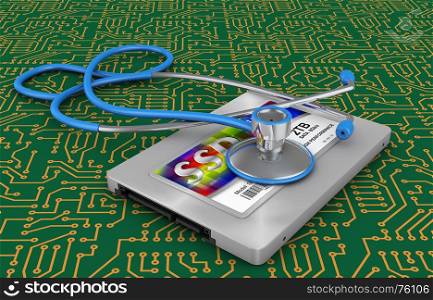 Hard disk type ssd and stethoscope. 3d rendering.
