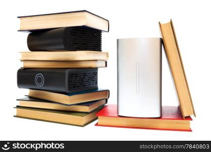 hard drives, and old books on white background