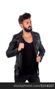Hard guy with black leather jacket isolated on a white background