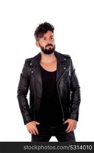 Hard guy with black leather jacket isolated on a white background