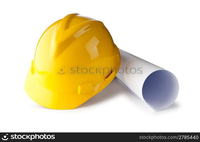 Hard hat and drawings isolated on white
