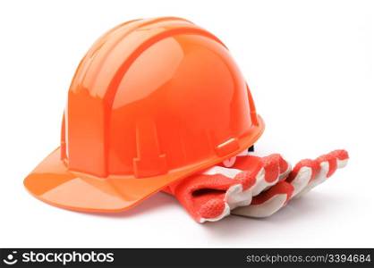 Hard hat and gloves. Hard hat and gloves, isolated on white background