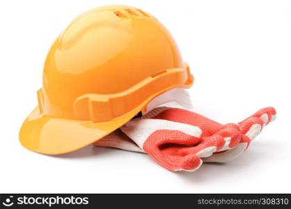 Hard hat and gloves, isolated on white background. Hard hat and gloves