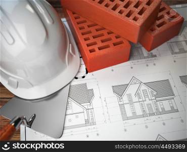 Hard hat, trowel and bricks on the drawings with construction plans. Engineering or construction concept. 3d illustration