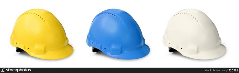 Hard hats color collection for worker engineer and visitor isolated on white
