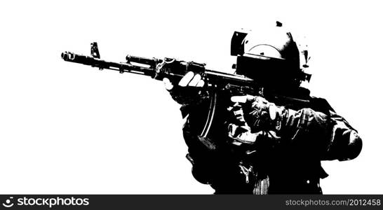 Hard light image of spec ops soldier in face mask with his rifle