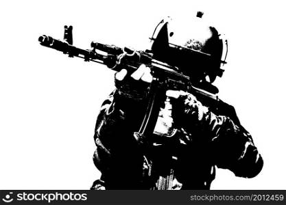 Hard light image of spec ops soldier in face mask with his rifle