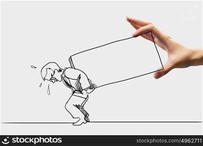 Hard work. Caricature of man carrying box on back