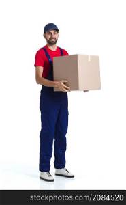 hard worker courier man holding big box long view