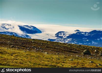Hardangervidda mountain plateau landscape. National tourist route. Norway in summer.. Hardangervidda mountain plateau landscape, Norway