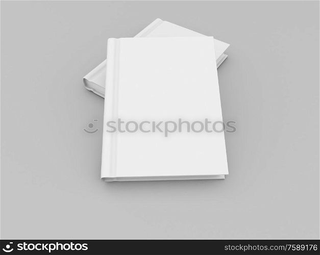 Hardcover book mockup on gray background. 3d render illustration.. Hardcover book mockup on gray background.