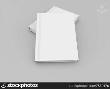 Hardcover book mockup on gray background. 3d render illustration.. Hardcover book mockup on gray background.