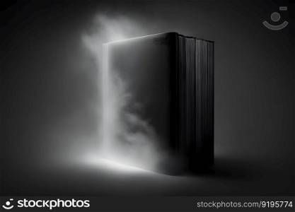 Hardcover vertical black mockup book standing on the black background with smoke. Neural network AI generated art. Hardcover vertical black mockup book standing on the black background with smoke. Neural network generated art