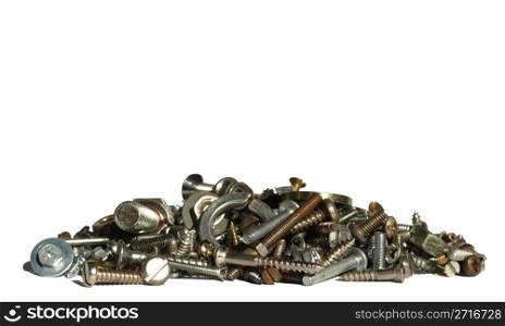 Hardware. Industrial steel hardware bolts, nuts, screws isolated on white with copyspace