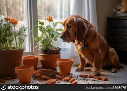 harmful dog pet broken flower pots generative ai.