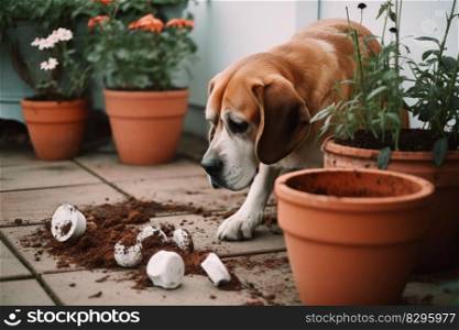 harmful dog pet broken flower pots generative ai.