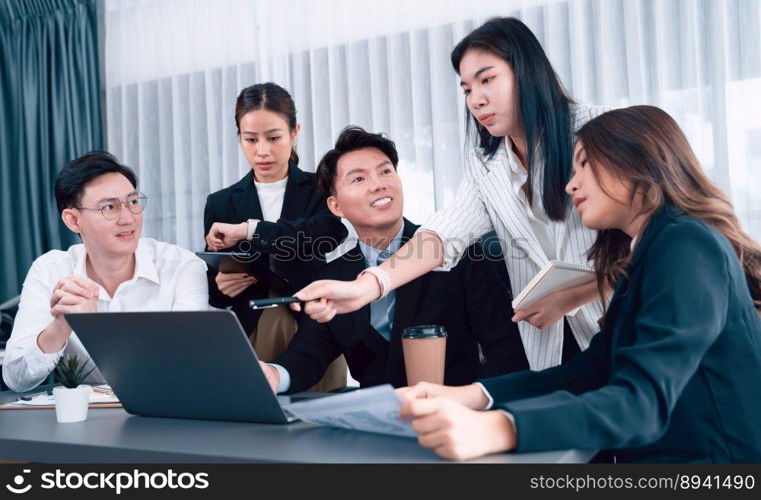 Harmony in office concept as business people analyzing dashboard paper together in workplace. Young colleagues give ideas at manager desk for discussion or strategy planning about project.. Office worker and manager analyze financial report paper in harmony workplace.