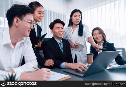 Harmony in office concept as business people analyzing dashboard paper together in workplace. Young colleagues give ideas at manager desk for discussion or strategy planning about project.. Office worker and manager analyze financial report paper in harmony workplace.