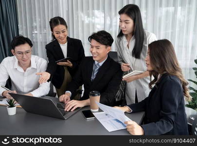 Harmony in office concept as business people analyzing dashboard paper together in workplace. Young colleagues give ideas at manager desk for discussion or strategy planning about project.. Office worker and manager analyze financial report paper in harmony workplace.